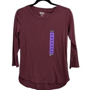 Kirkland Costco 3/4 Sleeve Slub Cotton Tee T-shirt Maroon Wine Burgundy Size XS